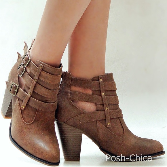 New Tan Western Ankle Booties Block Heel Boots - Picture 2 of 3